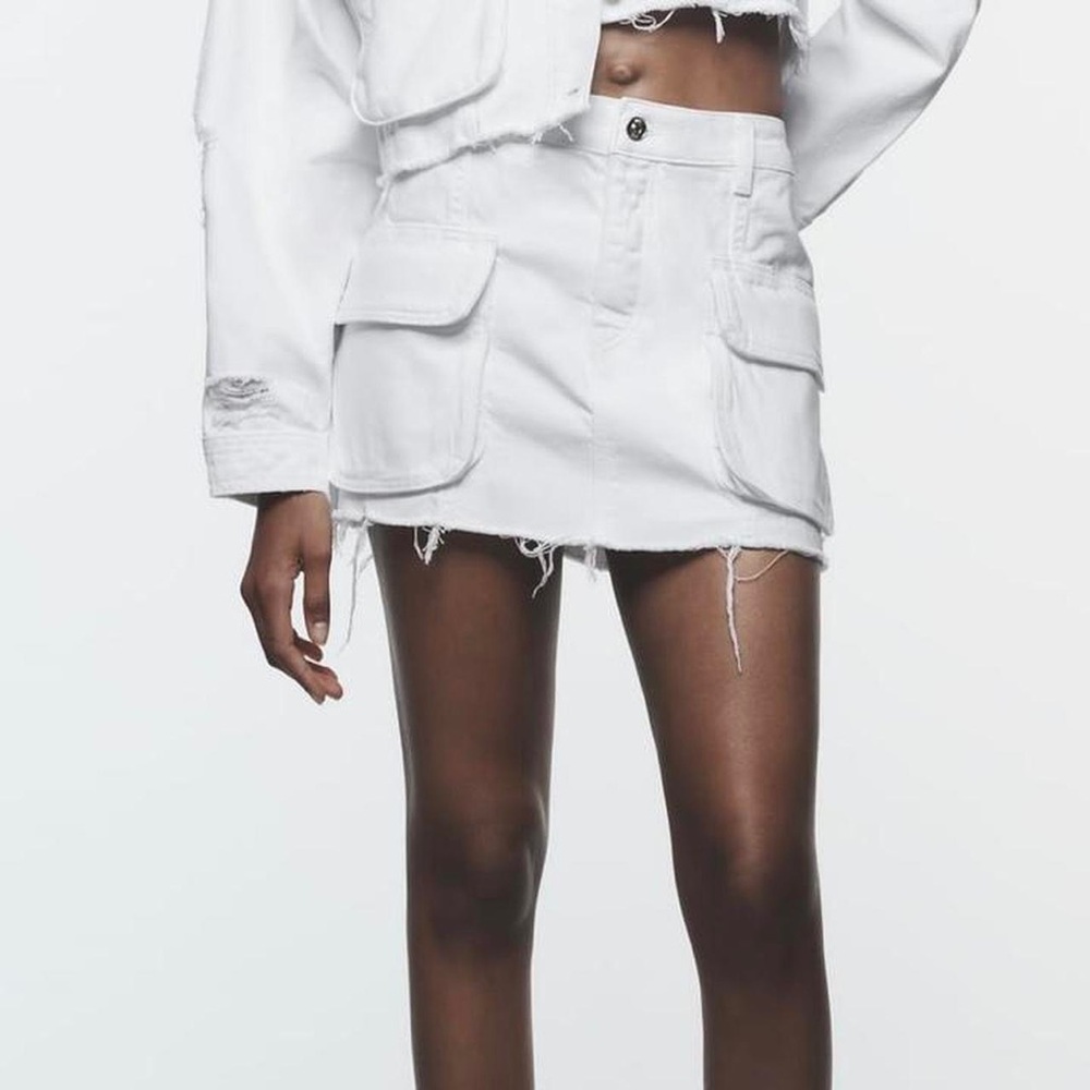 Zara NWT S white denim jeans 100% cargo mini skirt with pockets